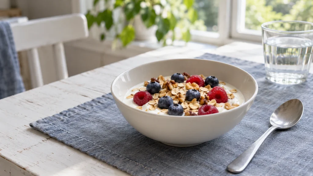 Ongezoete yoghurt met bessen, havermout en noten: een ontbijt dat je bloedsuiker rustig houdt.