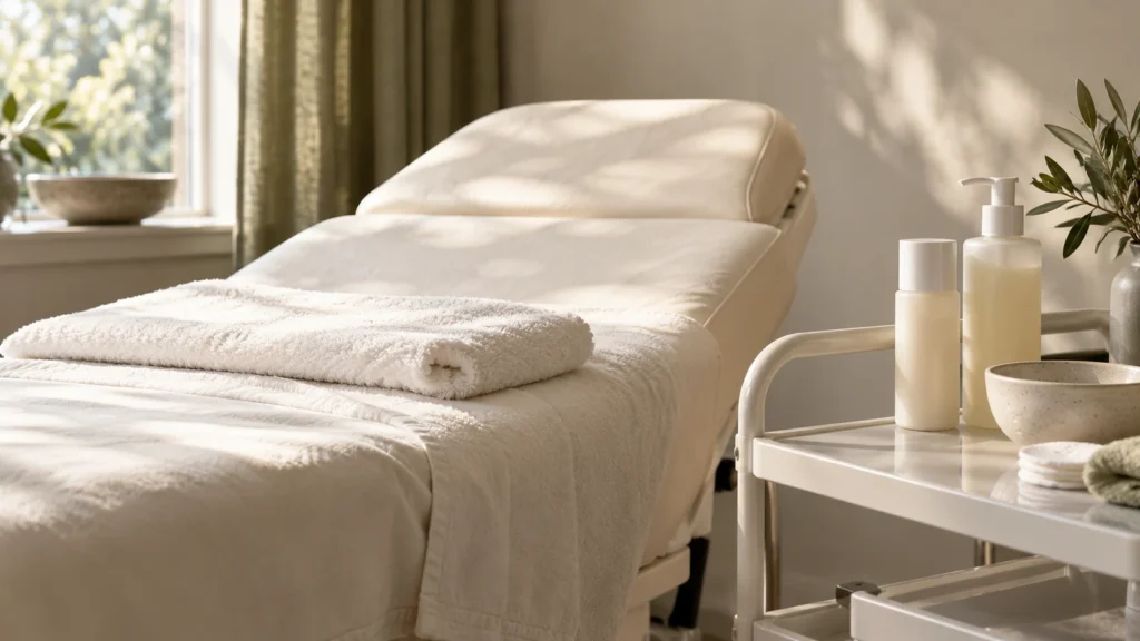 Een behandelbed met schone handdoeken en verzorgingsproducten in een lichte behandelruimte.