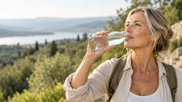 Vrouw drinkt water buiten na een wandeling, met uitzicht over het water